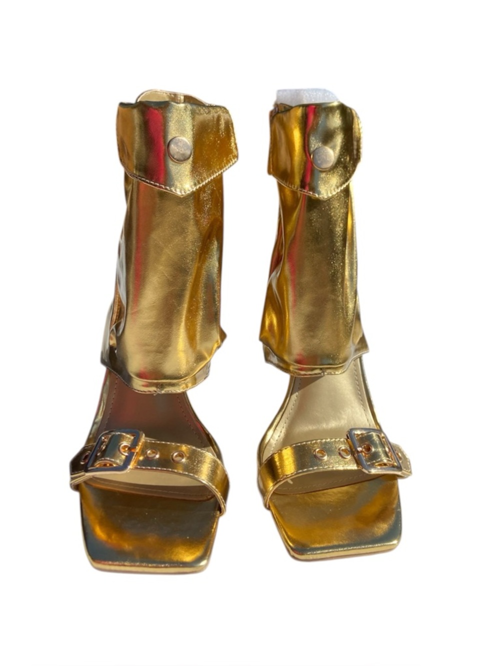 Women’s Gold Metallic Ankle Cuff Heeled Sandals, 8 - Picture 3 of 6